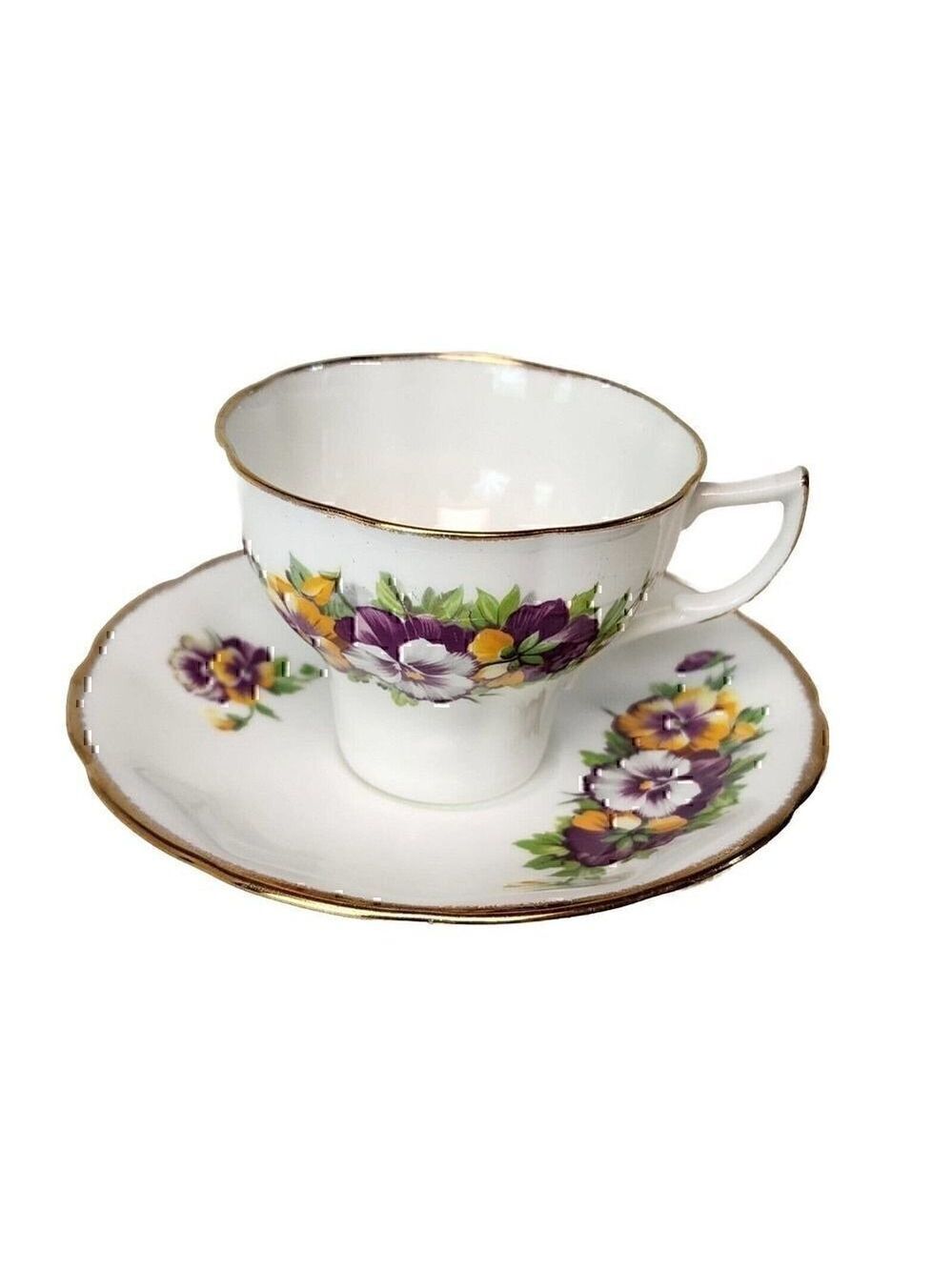 Vtg Jason Bone China England Tea Cup Saucer Pansies Violas Yellow Purple Flowers